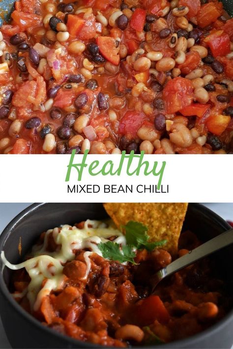 This easy, healthy, vegan mixed bean chilli is the perfect lean comfort food for fall and winter meals. Try this easy 30 minute weeknight dinner recipe that your kids will love! With black beans, black eyed peas and borlotti beans, it's the perfect cheap chilli you will want to make all year around. Winter Meals Healthy, Chilli Healthy, Mixed Bean Recipes, Easy Winter Meals, Vegan Chilli Recipe, Food For Fall, Borlotti Beans, Lime Rice Recipes, Vegan Chilli