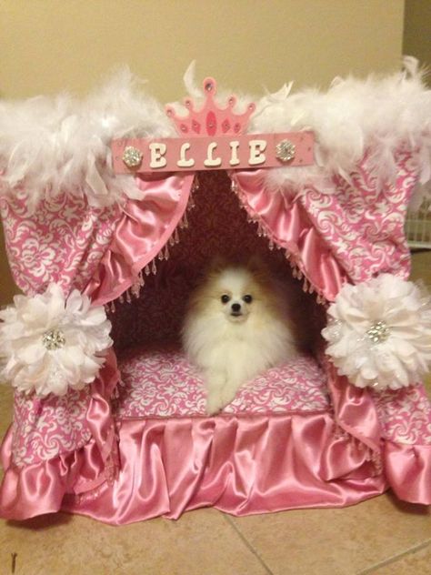 Doggy inside Ultimate Princess bed Pink Dog Bed Princesses, Girly Dog Bed, Princess Dog Bed Diy, Puppy Bed Ideas, Princess Cat Bed, Puppy Aesthetic Wallpaper, Puppy Girl Pfp, Puppy Room Ideas, Puppy Photoshoot Ideas