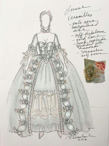 Baroque Dress Drawing, Terry Dresbach, Costume Design Sketch, Rococo Dress, Outlander Costumes, 17th Century Fashion, 18th Century Dress, Rococo Fashion, 18th Century Costume