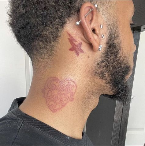 Minamilistic Tattoos For Guys, Red Tattoo Ideas For Men, Star Tattoos For Men On Neck, 555 Tattoo Men, Bape Star Tattoo, Back Of The Ear Tattoos Men, Stars On Neck Tattoo, Back Of Ear Tattoo Men, Neck Star Tattoo