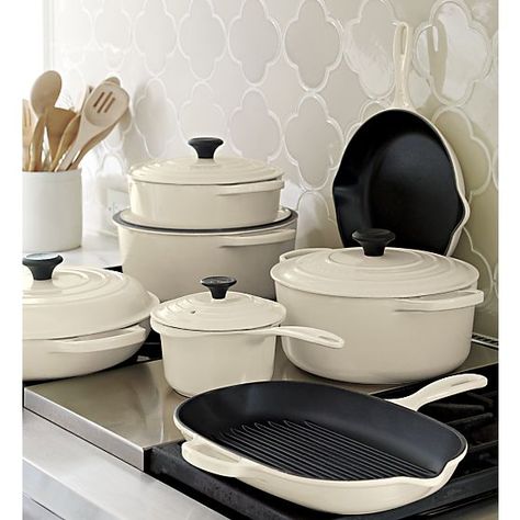 Le Creuset® Signature Enameled Cast Iron Cookware in Cream I Crate and Barrel White Pots, Le Creuset Cookware, Enamel Cookware, Enameled Cast Iron Cookware, Iron Cookware, Kitchen Must Haves, Enameled Cast Iron, Cast Iron Cookware, Kitchen Cookware