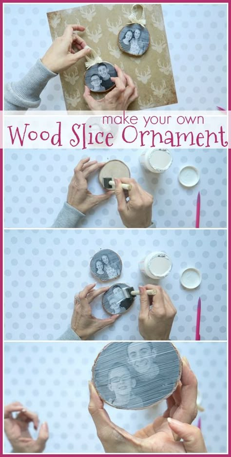 how to make your own Wood Slice Photo Ornament, simple christmas craft idea - Sugar Bee Crafts Diy Photo Ornaments, Diy Gifts For Christmas, Wood Slice Crafts, Photo Christmas Ornaments, Mason Jar Crafts Diy, Photo Transfer, Wood Slice Ornament, Bee Crafts, Easy Christmas Crafts