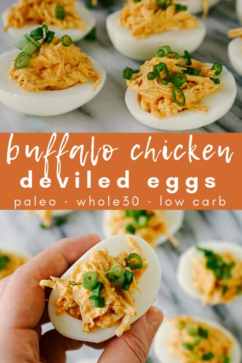 Buffalo Chicken Deviled Eggs - Mad About Food Chicken Deviled Eggs, Whole 30 Snacks, Low Carb Meal Prep, Low Carb Meal, Chicken Dip, Deviled Eggs Recipe, Paleo Snacks, Buffalo Chicken Dip, Paleo Whole 30