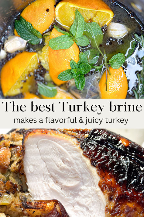 This brine recipe is made with fresh herbs, orange slices, lime, garlic, and apple juice. It is an amazing way to infuse flavor into the the meat of the turkey Thanksgiving Turkey Brine, Turkey Marinade, Turkey Brine Recipe, Turkey Brine Recipes, Fresh Turkey, Turkey Brine, Brine Recipe, Baked Turkey, Apple Juice