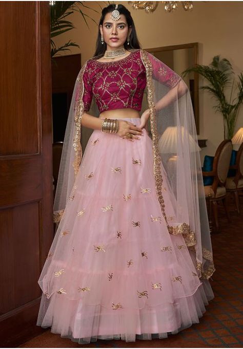 Blush Pink Designer Net Lehenga Choli Set - IDR2901 Pink Net Lehenga, Modest Evening Dress, Sequence Embroidery, Lehenga Gown, Party Wear Lehenga Choli, Lehenga Style, Net Lehenga, Lehenga Choli Online, Pink Lehenga