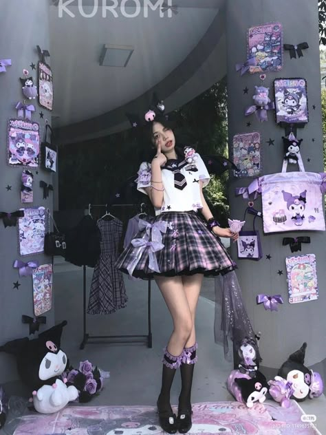 Sanrio Inspired Outfit Kuromi, Kuromi Cosplay Outfit, Kuromi Outfit Inspired, Kuromi Outfit Ideas, Kuromi Outfit Aesthetic, Kuromi Aesthetic Outfit, Kuromi Inspired Outfit, Kuromi Costume, Kuromi Cosplay