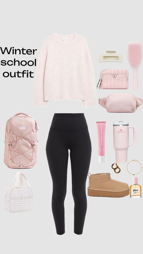 pink winter school outfit inspiration Outfits With Pink Jacket, Cute Outfits For Cold Weather School, Cute Winter Outfits School, School Outfits Winter Cold, Preppy Winter Outfits For School, Warm School Outfits, Winter School Fits, Winter Outfit For School, Cute Winter Outfits For School