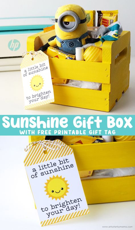 Sunshine Gift Box with Free Printable Gift Tag | artsy-fartsy mama Basket Of Sunshine, Bag Of Sunshine, Birthday Baskets, Minion Gifts, Sunshine Box, Student Birthday Gifts, Sunshine Printable, Sunshine Committee, Photo Cube