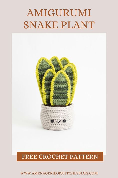 Tired of killing your plants? Let's crochet them instead! This amigurumi crocheted snake plant is super easy to care for and requires no effort in keeping those leaves looking bright and healthy. This plant is perfect for displaying on your desk or bookshelf. Even makes a great gift for your friends who are notorious at killing their plants. This one is much cuter and will always bring a smile to your face! ***Check out this FREE crochet pattern on my blog, www.amenagerieofstichesblog.com*** Snake Plant Crochet, Plant Crochet Pattern, Crochet Snake, Plant Crochet, Pattern Free Amigurumi, Crochet Succulent, Snake Plants, Crochet Cactus, Crochet Plant