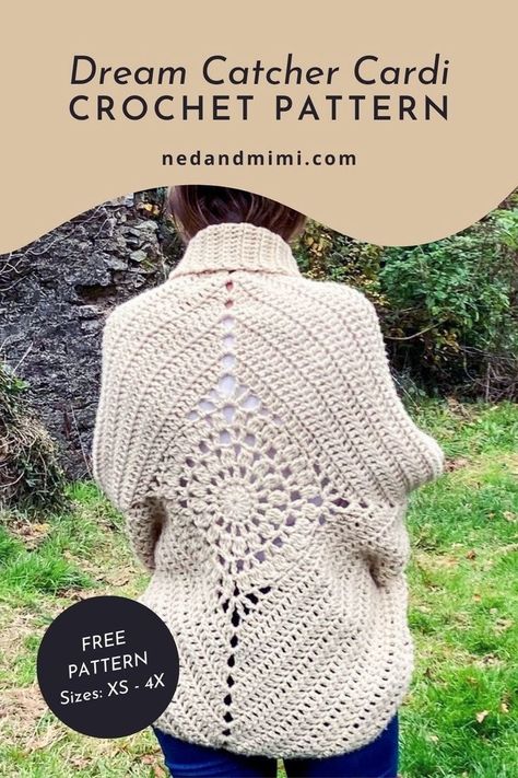 Experience the charm of the Dream Catcher Cardigan! This free crochet shrug pattern features a mesmerizing diamond motif on its back, making it a standout piece in your wardrobe. With sizing options from XS to 4X, it's the perfect blend of comfort and elegance. Get the free pattern now! Crochet Sweater Cacoon, Dreamcatcher Cardi Crochet Shrug, Bulky Yarn Shawl Crochet, Bulky Yarn Cardigan Crochet Patterns, Crochet Patterns For Bulky Yarn, Crochet Patterns Shrug, Free Shrug Crochet Pattern, Dream Catcher Cardigan, Plus Size Crochet Patterns Free