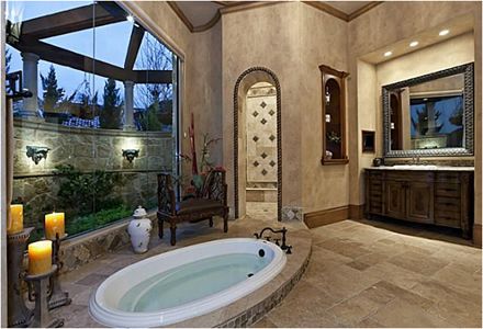 Tuscan Decorating Living Room, Castle Luxury, Tuscan Bathroom, Home Design Bathroom, Bath Luxury, Doorless Shower, Grand Mansion, Realistic Home, Private Courtyard