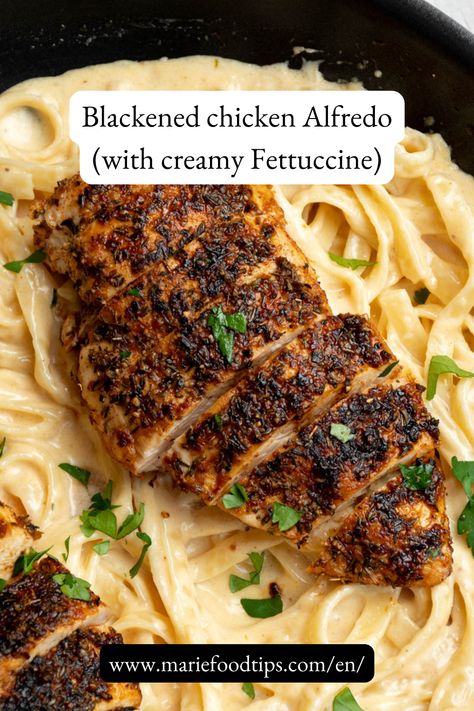 Take your basic dinner to the next level with this delicious Blackened chicken Alfredo. It's a quick and easy recipe that uses pasta with homemade Alfredo sauce and tender, super flavorful chicken breasts. Trust me, it will become a true family favorite in the blink of an eye! Blackened Chicken Alfredo Pasta, Blackened Chicken Fettuccine, Blackened Chicken Pasta, Blackened Chicken Alfredo, Homemade Fettuccine, Blackened Chicken Recipe, Chicken Broccoli Pasta, Pasta Recipes Alfredo, Chicken Alfredo Recipes