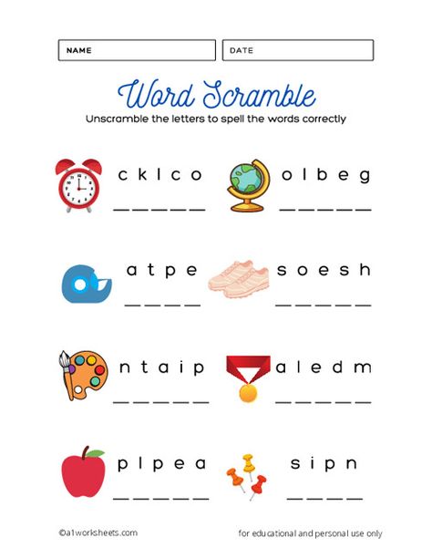 Kindergarten and Preschool Word Scramble Worksheet Jumbled Sentences Worksheets For Grade 1, Word Work Worksheets, Sentence Formation, Spelling Word Activities, Bean Stalk, Jumbled Words, Alphabet Handwriting Practice, Words Worksheet, Unscramble Words