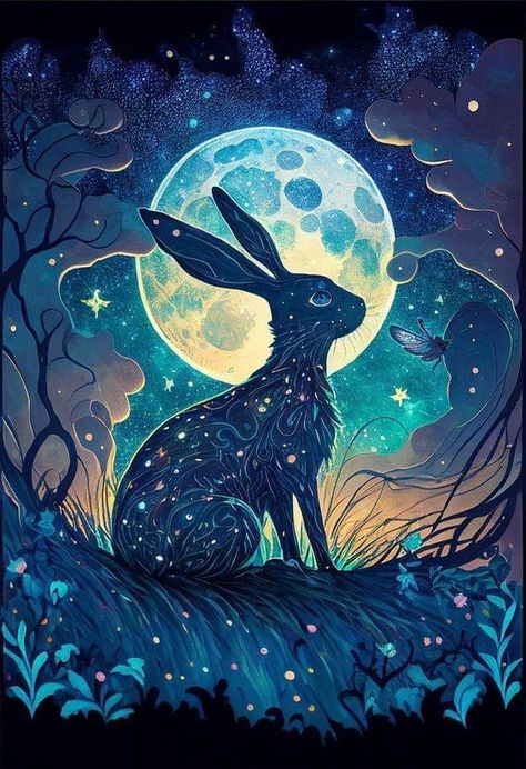 Cute Hare Illustration, Rabbit Moon Art, Rabbit Moon Illustration, Moon Hare Tattoo, Hare Art Illustrations, Moon Gazing Hare Tattoo, Hare Tattoo, Hare Moon, Rabbit In The Moon