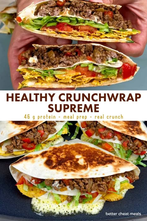 Craving a Crunchwrap Supreme without the guilt 👀? This homemade version is packed with flavor and protein, but light on fat and calories. Under 450 calorites and 46 g of protein 💪. Fresh ingredients, endless possibilities, perfect for meal prepping - try it tonight! #healthyrecipes #crunchwraplover Ground Turkey Crunchwrap, Protein Crunch Wrap, Low Carb Crunchwrap Supreme, Keto Crunchwrap Supreme, Healthy Crunchwrap, Crunchwrap Supreme, Gluten Free Wraps, Green Snacks, Crunch Wrap