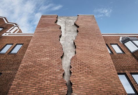 alex chinneck fractures the façade of a brick building in london Sculpture Architecture, Leave Art, London Buildings, Public Artwork, Common Phrases, Broken Window, Brick Architecture, Theatre Design, Brick Facade