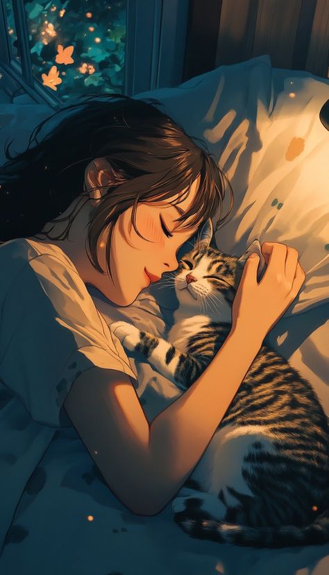 Young Japanese woman nuzzling tabby cat, night, on bed, anime style, Ghibli style, high quality Cat Vs Human, Pictures With Cats, Girls Cuddling, Cat Night, Mixed Media Illustration, Doodles Drawings, On Bed, Feminist Art, Manga Cute