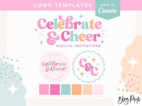 Pastel Logo Design Canva - Small Business Logo Template - Bright Pastel Colorful Logo - Retro Party Logo - Fun Logo Editable PF01 Blog Pixie #graphicdesignfestival #designshop Pastel Logo Design, Watermark Template, Matcha Shop, Logo Design Canva, Pastel Logo, Printable Products, Template Color, Shop Stationery, Canva Keywords