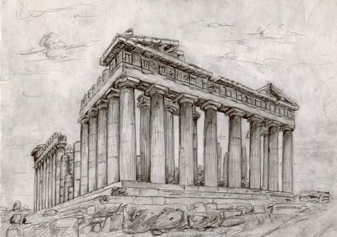 Parthenon Athens Drawing, Parthenon Sketch Simple, Greek Parthenon Drawing, Athens Greece Drawing, Parthenon Drawing Architecture, Parthenon Sketch, Parthenon Drawing, Parthenon Tattoo, Ancient Architecture Drawing