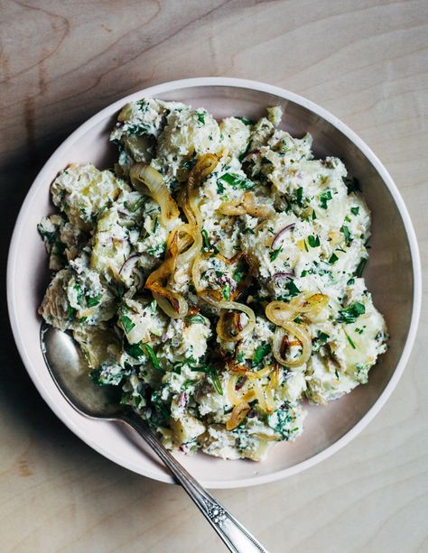 Herby Onion Dip Potato Salad - Brooklyn Supper Salad Dip, Carmelized Onions, Onion Dip, Spring Onions, Cold Room, Kinds Of Salad, How To Cook Potatoes, Tasty Bites, Seasonal Recipes