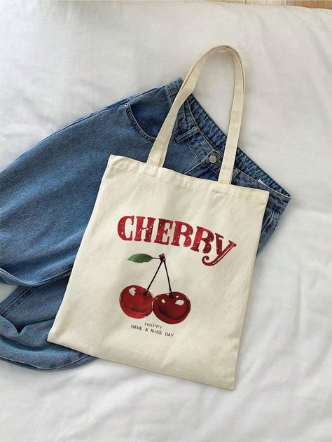 1pc Cherry Pattern Casual Simple Shoulder Tote Bag, Handbag Shoulder Bag, Minimalist Bohemian Style Tote Bag, Women Gift, Suitable For Work, Travel, Shopping, School Bag, Large Capacity, Portable, Suitable For Teen Girls, Female College Students, White-Collar Workers, Perfect For Work, Back To School, Middle School, High School, College, Vacation Beige    Polyester Cartoon,Letter,Fruit&Vegetable Shoulder Tote Bag,Shopper Bag,Top Handle Bag   Women Bags, size features are:Bust: ,Length: ,Sleeve Length: Sorority Tote Bags Painted, Back To School Middle School, Cherry Tote Bag, Fruit Tote Bag, Kawaii Cherry, Decorated Tote Bags, Tote Bags For College, Minimalist Bohemian, School Middle School