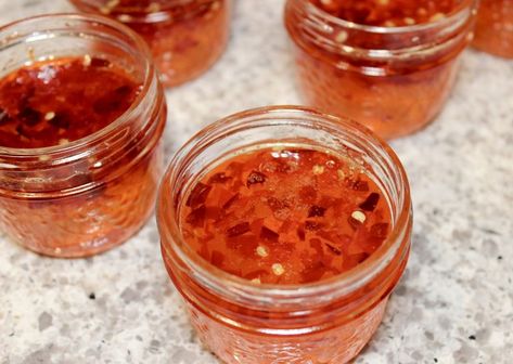 Hot Pepper Jelly - sweet hot jelly for topping cheese Small Batch Hot Pepper Jelly, Cayenne Pepper Jelly Recipe, Hot Pepper Jelly Recipe, Cherry Bomb Pepper, Red Pepper Jelly Recipe, Cayenne Pepper Recipes, Canning Preserves, Pepper Jelly Recipe, Crackers And Cheese