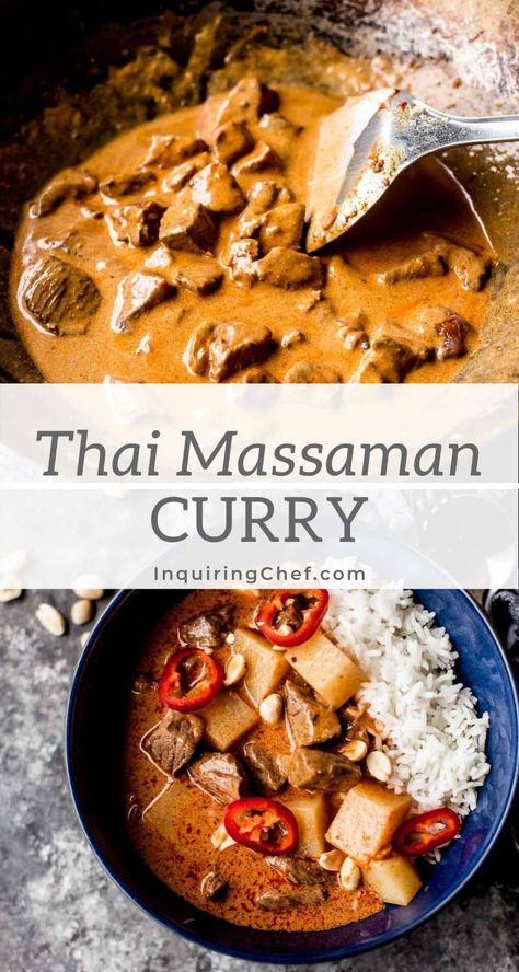 Thai Massaman Curry is mild, creamy, and totally addictive. This version is made with beef and topped with peanuts. #thaifood #thailand #beef #curry Thai Massaman Curry, Beef Massaman, Beef Massaman Curry, Massaman Curry Paste, Thai Beef, Massaman Curry, Indian Foods, Easy Potato Recipes, Beef Curry