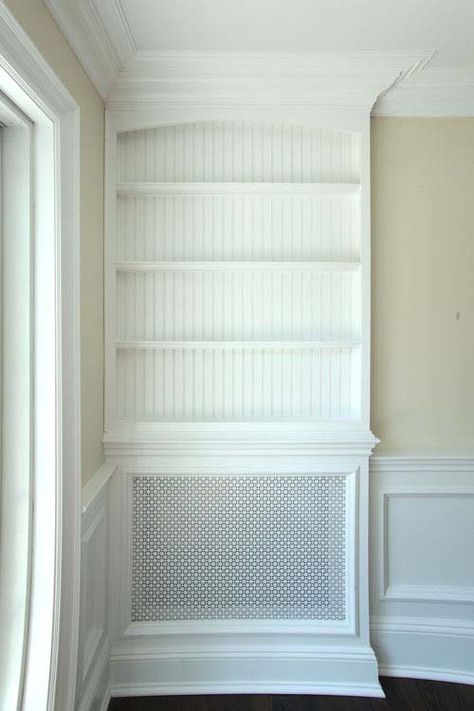 Long Island custom built-ins radiator cover Office Sitting Room Combo, Custom Radiator Covers, Kitchen Radiator, Alcove Cupboards, Tv Built In, Old School House, Coffee Bars In Kitchen, Custom Built Ins, Radiator Cover