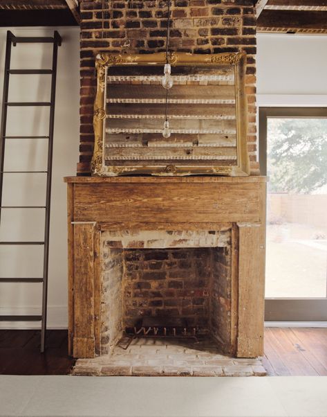 Photo 16 of 18 in Raise High the Roof Beams - Dwell Primitive Fireplace, Exposed Brick Fireplaces, Antique Mantel, Roof Beam, Amazing Homes, Fire Places, Old Fireplace, Farmhouse Fireplace, Rustic Fireplaces