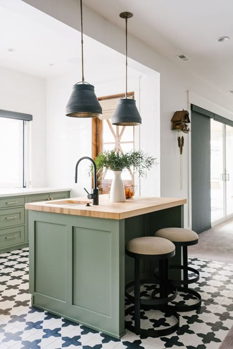 40+ Sage Green Kitchen Cabinets (with Paint Colors!) - Jenna Sue Design Modern Kitchen Flooring, Kitchenette Ideas, Sage Green Kitchen, Green Kitchen Cabinets, Basement Kitchen, Green Cabinets, Kitchen Cabinet Colors, Basement Design, Green Kitchen