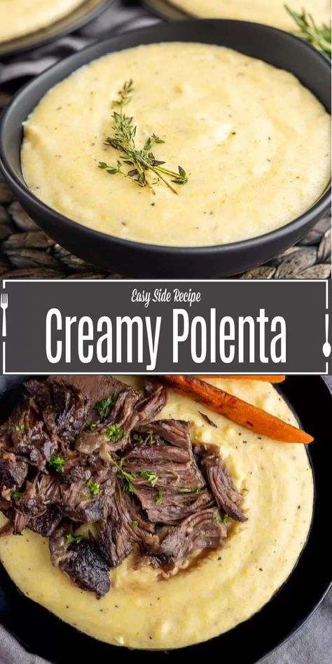 This creamy polenta recipe is a classic Italian dish made with perfectly cooked polenta and tangy goat cheese. It's a savory comfort food that makes a great side for braised meats. This easy polenta recipe is a cheesy polenta made with creamy goat cheese. It can be an Italian side dish or a main course. Make this creamy polenta in place of mashed potatoes for a delicious side dish idea that everyone will love. Easy Polenta, Italian Side Dish, Cheesy Polenta, Cheese Polenta, Italian Side Dishes, Polenta Recipe, How To Cook Polenta, Classic Southern Recipes, Creamy Goat Cheese