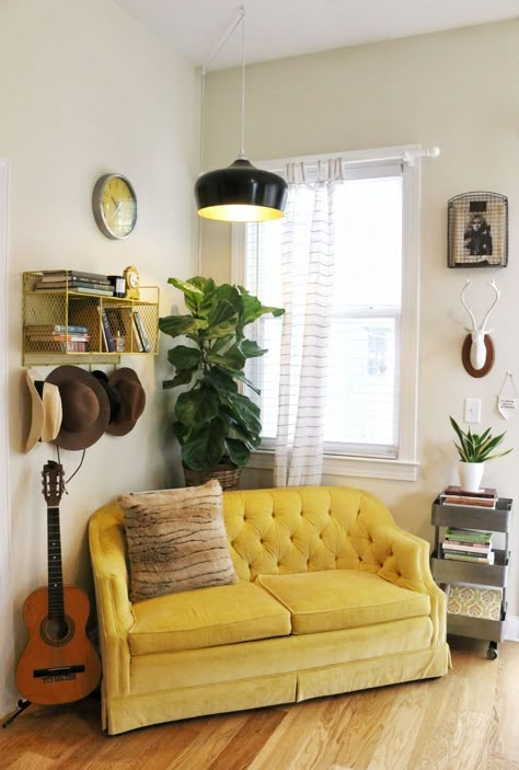 A Beautiful Mess - Fiddle leaf fig and organized personal items Yellow Couch, Gold Sofa, Yellow Sofa, Cute Dorm Rooms, Home Things, Future Apartment, There's No Place Like Home, Humble Abode, House And Home