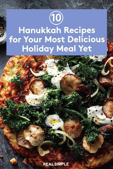 10 Hanukkah Recipes for Your Most Delicious Holiday Meal Yet | With eight days of celebrating, there's no shortage of tasty Hanukkah recipes to create a festive and delicious Hanukkah feast. From crispy latkes, deliciously tender brisket, matzo ball soup, and serve up sweet sufganiyot doughnuts, honey cakes, and gelt cookies. #realsimple #hanukkahfoods #hanukkah #hanukkahideas #holidayseason #holiday #hanukkahrecipes Hanukkah Meal Ideas, Hanukkah Brisket Recipes, Hanukkah Dinner Party, Hanukkah Recipes Dinners, Hannukah Dinner Ideas, Gelt Cookies, Hanukkah Meals, Hanukkah Party Food, Hanukah Menu