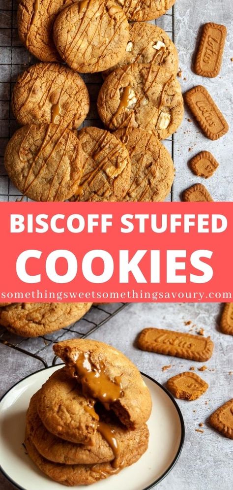 These Biscoff Stuffed Cookies are the ultimate treat for any Biscoff lover! Thick, chewy NYC style cookies stuffed with Biscoff crumbs, white chocolate chunks and a molten Biscoff middle. Cookie Butter Lava Crumbl, Stuffed Cookie Recipes Middle, Biscoff Stuffed Cookies Recipe, Biscoff Filled Cookies, Cookie Butter Stuffed Cookies, Cookie Filling Ideas, Biscoff Recipes Cookies, Thick Stuffed Cookies, Biscoff Stuffed Cookies