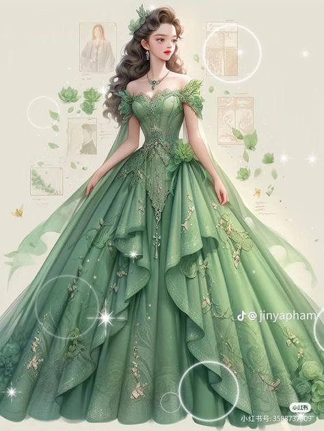 Light Green Princess Dress, Green Princess Dress, Green Gowns, Anime Dresses, Fantasy Ball, Debut Gowns, Princess Dress Fairytale, Fairy Gown, Dreamy Gowns