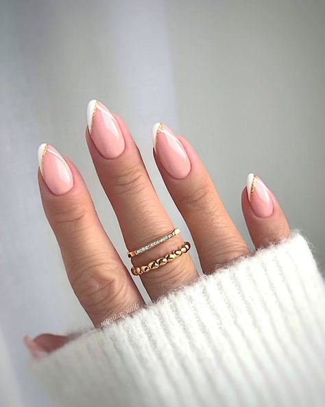 Angled French tip nails with golden accent lines. Slanted French Nails, Manicure Ideas French, Angle French Tip Nails, Partial French Tip Nails, Slanted French Tip, Angled French Manicure, French Tip Gold Line, Angled French Tip Nails, Almond French Tip With Gold Line