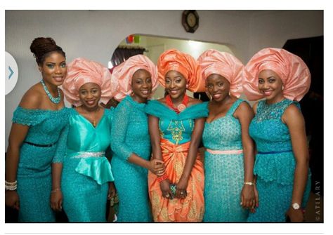 Wonderful combination,  mint green and peach.  These ladies look good Mint Green And Peach Wedding, Green And Peach Wedding, Aso Ebi Styles, Peach And Green, Peach Wedding, Nigerian Wedding, Aso Ebi, African Wedding, Mens Accessories Fashion