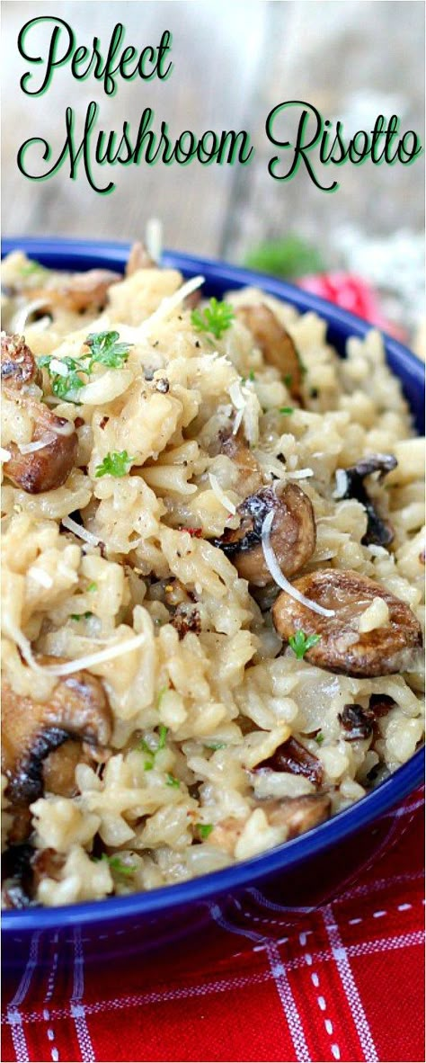 Perfect Mushroom Risotto with vegan option. This is THE recipe. Just check out the comments. Rositto Recipes Mushroom, Rissoto Recipes Vegetarian, Mushroom Rositto, Rositto Recipes, Paella Recept, Mushroom Risotto Recipes, Meatless Main Dishes, Vegetarian Main Dishes, Mushroom Risotto