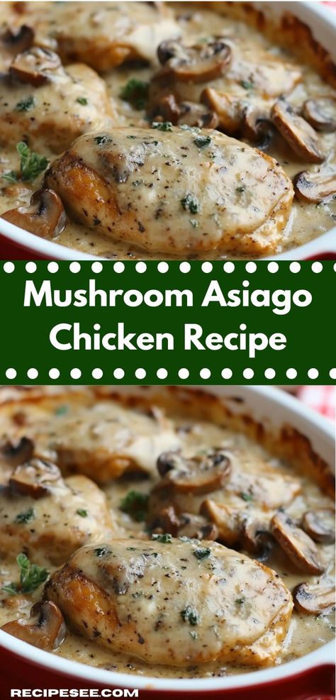 Whip up this Mushroom Asiago Chicken for a deliciously creamy dinner. Juicy chicken is paired with sautéed mushrooms and a rich Asiago sauce, creating a comforting meal that's easy to prepare. Mushroom Asiago Chicken Recipe, Mushroom Asiago Chicken, Chicken Asiago, Dinner Ideas For Parties, Asiago Recipes, Asiago Cheese Recipes, Asiago Chicken, Dinner Ideas For Two, Nutritious Dinner