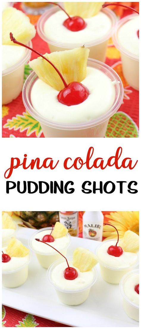 Make these pina colada pudding shots this summer! Fun alcoholic recipe for parties with friends. Yummy flavors of coconut, pinepaple, cherry etc Summer Pudding Shots Alcoholic, Pina Colada Pudding Shots, Pina Colada Pudding, Desert Shots, Pudding Jello Shots, Pudding Shot Recipes, Jello Pudding Shots, Pina Colada Recipe, Parties With Friends