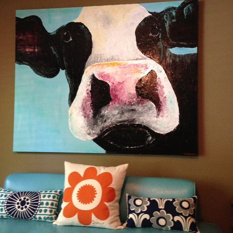 Commission Cow Painting.  I love it!  If you want one, let Stacy know that Niki sent you.  While this is a gift to myself, it would make a great gift for a farmers daughter, farmer, & outdoor loving gal.  She can make any size.  Her small 4 x 4 of cows & other farm animals are so cute too! Canvas Cow Painting, Cow Canvas Painting, Painting Whimsical, Mini Toile, Art Whimsical, Small Canvas Paintings, Cow Canvas, Canvas Painting Tutorials, Simple Canvas Paintings