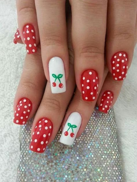 Summer Cherry Nails 2024: Your Ultimate Guide to Sweet Summery Manicures Pin Up Nails, Rockabilly Nails, Polka Dot Nail Art, Retro Nails, Dot Nail Art, Cherry Nails, Polka Dot Nails, Dots Nails, Super Nails