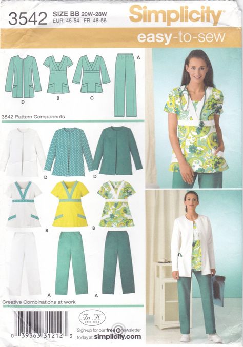 Simplicity 3542 Misses Sewing Pattern Uniform Scrubs Tops Pants Jacket Womens Sizes 20W-28W Easy Sew      Simplicity+3542+Misses+Sewing+Pattern+Uniform+Scrubs+Tops+Pants+Jacket+Womens+Sizes+20W-28W+Easy+Sew Scrub Tops Pattern, Lab Jacket, Scrubs Pattern, Scrubs Pants, Tops Pattern, Womens Scrub Tops, Scrubs Outfit, Scrubs Uniform, Scrub Jackets