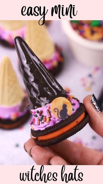 sweet confetti | easy dessert + holiday ideas on Instagram: "follow @sweetconfetti_ for more easy halloween ideas!🎃 easy witches hats 🧙‍♀️ using @oreo cookies + mini ice cream cones! today is the release of HOCUS POCUS 2 + the excitement is real. WHO’S WATCHING?!🙋🏼‍♀️🎉" Ice Cream Cone Witches Hat, Oreo Witch Hats, Dessert Holiday, Ice Cream Cute, Halloween Ice Cream, Halloween Oreos, Cake In A Cone, Mini Ice Cream Cones, Fun Halloween Treats