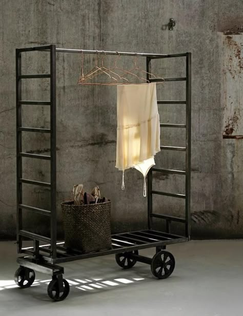 multi use • (coat rack or rolling closet) • (organizational rack in studio or kitchen) ~ industrial styling ~ from the line of 'pernile stoltz' ~ of 'madam stoltz' -denmark  ❀ ~  ◊  photo via 'remodelista' website Industrial Coat Rack, Clothes Hanging, Industrial Living, Industrial House, Rustic Industrial, Industrial Chic, Industrial Furniture, Retail Design, Visual Merchandising