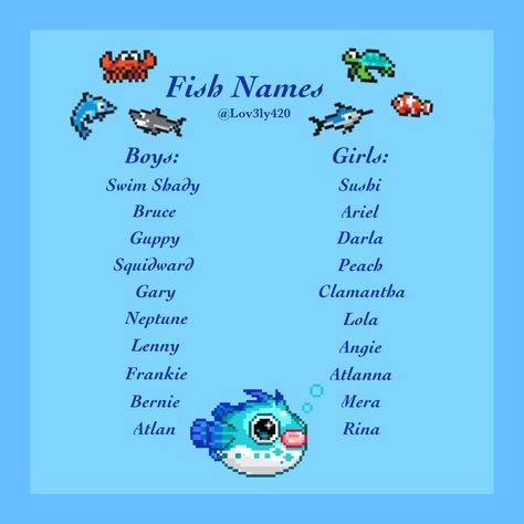 Fish Names Ideas Funny, Names For Fish Pet, Fish Names Ideas Cute, Funny Fish Names, Island Name Ideas, Fem Names, Fish Names, Sea Names, Ocean Names