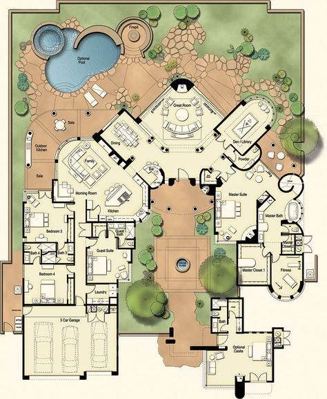 Exercise Rooms, Bangunan Minecraft, Courtyard House Plans, Luxury House Plans, Architecture Design Concept, Courtyard House, House Blueprints, Sims House, Dream House Plans