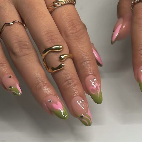 Almond Nails Pink And Green, Nails Inspired By Melanie Martinez, Melanie Martinez Nail Art, Txt Nails Designs Temptation, Each Nail Different Design, Melanie Martinez Nails Portals, Portals Nails, Mitsuri Nails, Melanie Martinez Inspired Nails