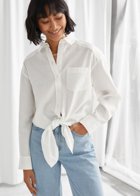 Oversized Knotted Shirt - White - Shirts - & Other Stories Knot Oversized Shirt, Zara White Cotton Shirt, Zara Button-up Everyday Shirt, White Oversized Buttoned Top, Zara White Button-up Shirt, Knotted Shirt, Oversized White Shirt, Oversized Button Down Shirt, Simple Black Dress