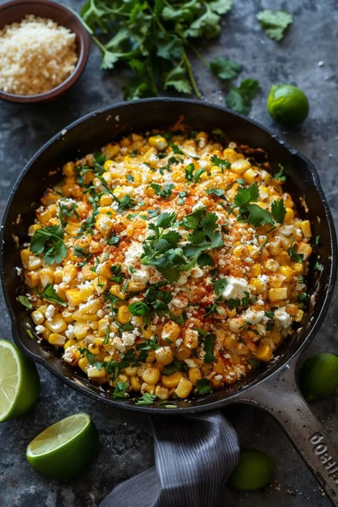 Skillet of Mexican street corn topped with cilantro and cheese, surrounded by fresh lime wedges and garnished with a sprig of cilantro. Cast Iron Mexican Recipes, Tex Mex Dinner Party, Elote Nachos, Skillet Elote, Street Corn Easy, Elote Corn Recipe, Pizza Fusion, Corn Elote Recipe, Canned Corn Recipes